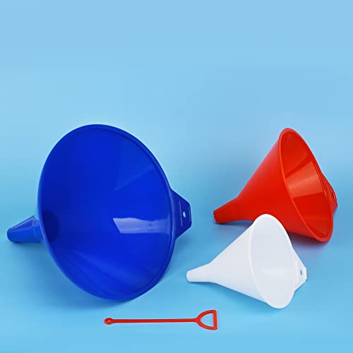Image of Plastic Funnel for Automotive Use - Kitchen Funnels for Filling Bottles, Jars, Containers or Lab Use - Oil Funnel for Gas, Car Oil, Lubricants and Fluids (Colorful-3 Pack)