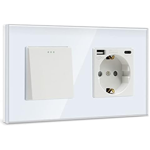 BSEED Interruptor de pared con Enchufe Blanco,1 Gang 1 Vía Interruptor conmutador+16A Schuko Enchufe con 1 Puerto Tipo C y 1 Puertos USB,10A Interruptor de luz de botón pulsador Cover
