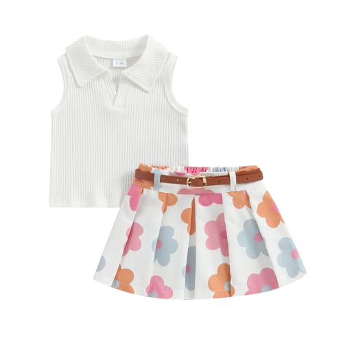 JLKGICF Toddler Girl Summer Outfit Solid Ribbed Knit Tank Tops Floral Print Pleated Mini Skirts with Belt 2Pcs Clothes Set (Colored Flower, 2-3 Years)