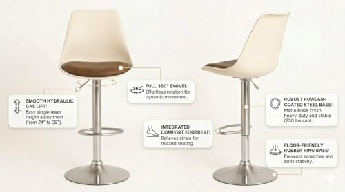Image of REVOLVING Height Adjustable BAR Stool /Kitchen Chair Suitable for Kitchen, Cafeteria, Dining,Pubs, Office,Shops - Pair of 2 (Off White and Brown)