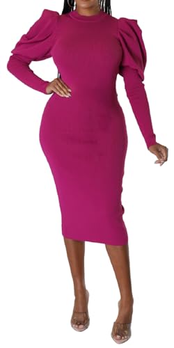 Image of Oxgmoky Women's Church Long Sleeve Sweater Dress Ribbed Bodycon Midi Work | Soft ribbed knit bodycon midi sweater dress with sleeveless cut and round neck for church, work and dinners