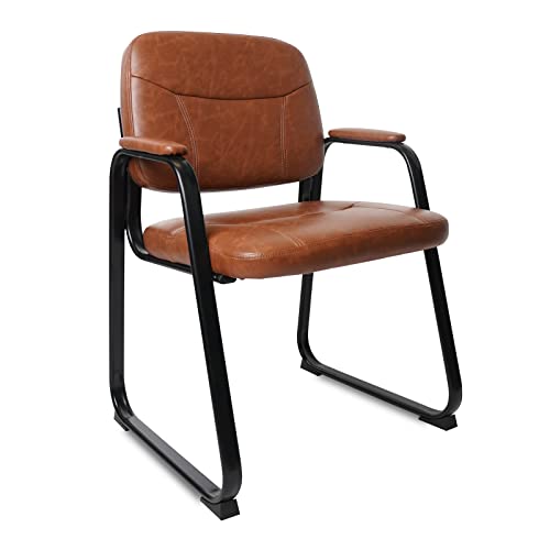Image of CLATINA Leather Guest Chair with Padded Arm Rest for Reception Meeting Conference and Waiting Room Side Office Home Black with Sled Base