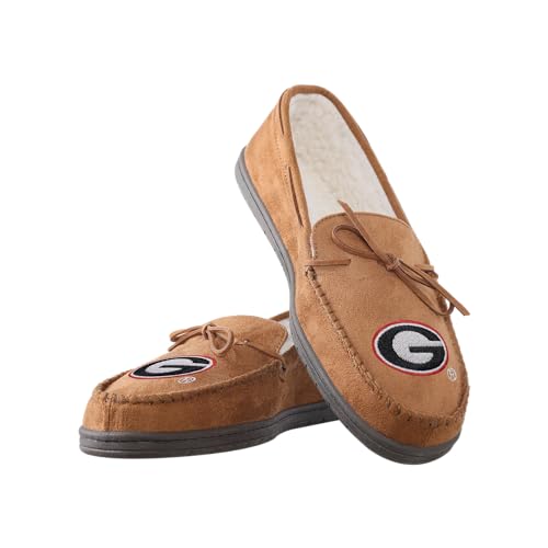 FOCO NCAA Georgia Bulldogs Mens College Team Logo Moccasin Slippers, Tan, XL (13-14)