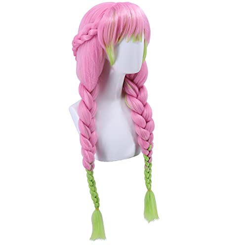 Cfalaicos Pink Green Braid Cosplay Wigs For Women Long Braided Wig With Bangs For Party Halloween Costume #TOP3