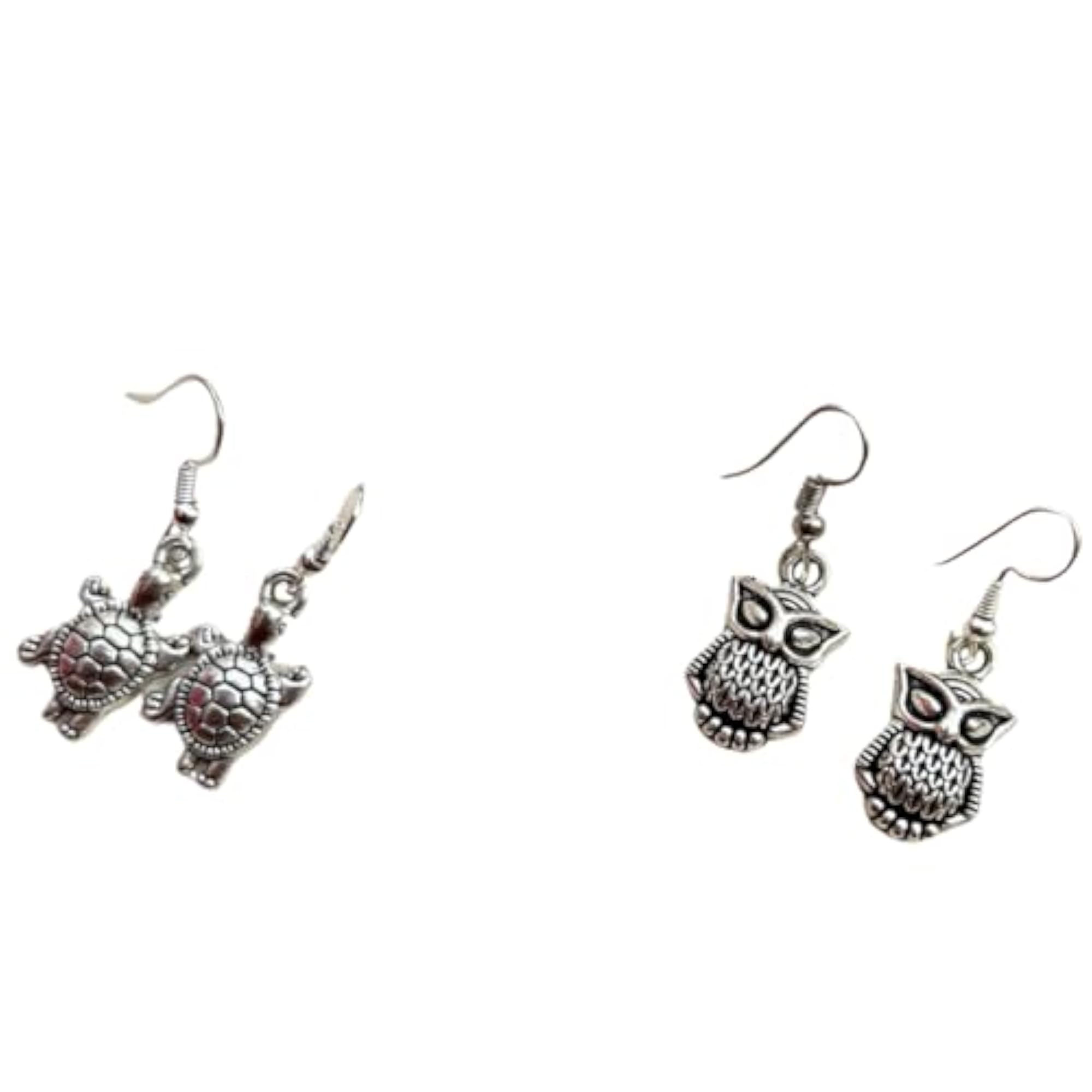 Women's Vintage Owl & Turtle Dangle Earrings, Whimsical Design