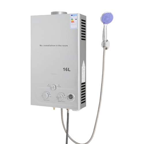 LPG - Calentador de agua electrónico de 16 L, 32 kW, agua caliente instantánea con cabezal de ducha y manguera, calentador de agua de gas móvil para camping, caravanas y jardín, alta eficiencia (≥