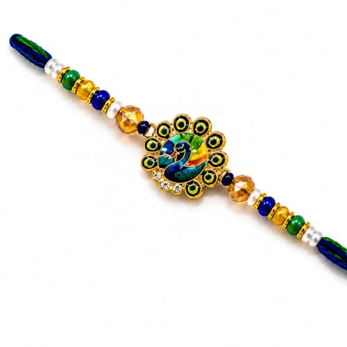 Image of Peacock Design Silver Look Rakhi Thread for Brother | Premium Bracelet Style with Roli Chawal | Traditional Raksha Bandhan Festival Gift | Single Pack of 1 sk6