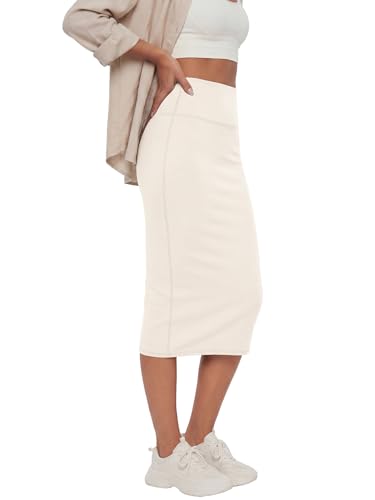 Image of Rooscier Women's High Waisted Pencil Midi Skirt | Stretchy Bodycon Knee Length Skirts with Back Slit