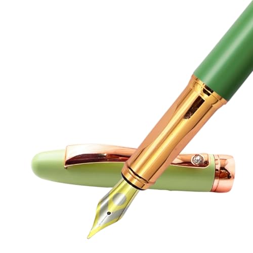 Image of PLUSPOINT Luxury Metal Body Fountain Pen Mat Green Finish Studded stone Clip, Iridium Nib, Rose Gold Trims, Include Ink Converter Gift Set for Men & Women, Executives