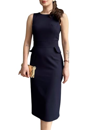 Women's Crew Neck Elegant Sleeveless Midi Bodycon Dress Work Cocktail Pencil Dresses Dark Blue