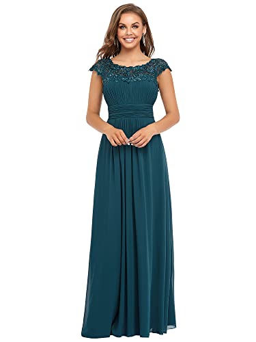 Ever-Pretty Women's Cap Sleeve Ruched Lace A Line Round Neck Chiffon Formal Dresses Evening Gowns Teal US14