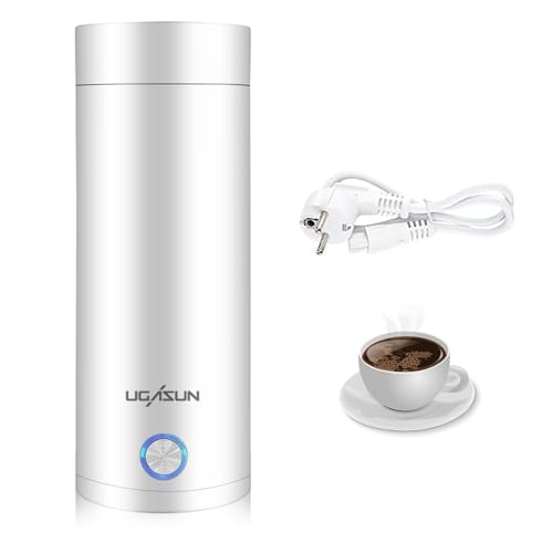 Aoreun Hervidor Agua Electrico, 400 ml Hervidor Eléctrico Portátil, Mini Termo 3 en 1, Mini Taza de Agua Eléctrica con Apagado Automático, Calentador portátil para Hacer Té, Café, Leche (Blanco)