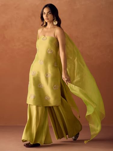 Image of FIORRA Women Lime Green Tissue Blend Hand Embellished Kurta Set with Dupatta