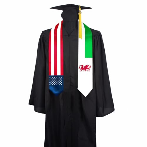SECUNL Wales National & USA Flag Graduation Stole Sash Scarf Double Sided International Student Graduation Decoration Item Gift