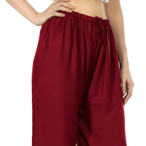 Image of Women's Rayon Palazzo Pants | Solid Color Wide Leg Trousers in 18 Shades | Elastic Waist Casual Bottoms XS-7XL | Comfortable