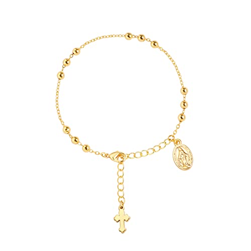 Cross Charm Link Chain Bracelet For Women Dainty Rosary 18K Gold Plated Beaded Chain Religious Bracelet #TOP21