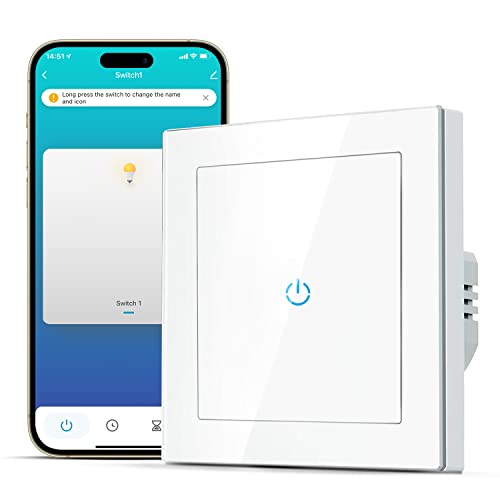 SMARTERCURRY Smart WLAN Lichtschalter 1 Fach 1 Weg Weiß 1 Stück Neutralleiter Erforderlich,Touchscreen aus gehärtetem Glas, Timing-Funktion, Kompatibel mit Alexa/Google
