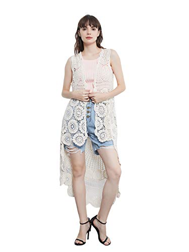 Anna-Kaci Womens Hippie Bohemian Floral Crochet Lace Trim Sleeveless Vest Cardigan