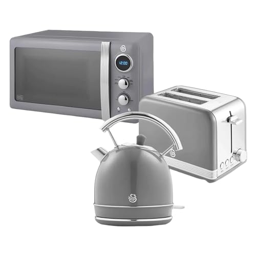 Swan Retro Frühstücks-Set 1,8 L Wasserkocher, 2 Scheiben Breitschlitz-Brottoaster, 20L Digital-Mikrowelle, 6 Leistungsstufen, Timer, Spiegeltür, Vintage Design, Grau, Einheitsgröße