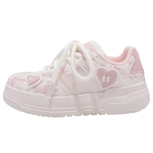 Y2K Platform Sneakers Heart Shape Pattern Trendy Mesh Thick Sole Height Increasing Student Casual Everyday Streetwear Lightweight Platform Ladies White Shoes Comfortable