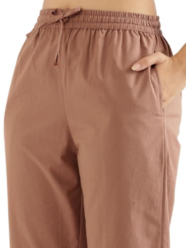 Image of SAADAA Cotton Straight Pants for Women | Breathable Everyday Wear Trousers | Drawstring, Deep Pockets & Elastic Waistband | Casual & Comfortable Fit