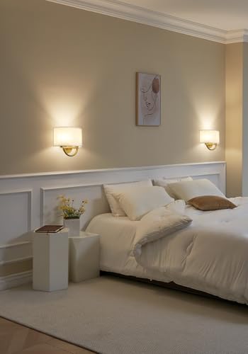Image of Industrial 2-Lights Wall Sconce Fixture with White Fabric Shade, Double Arm Wall Light Lamps Decor for Hallway Bedroom Living Room Bathroom Stairway