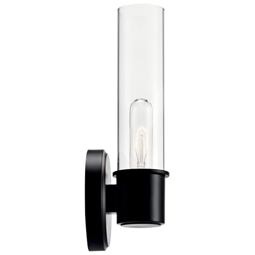 Image of Kichler Aviv 1-Light Wall Sconce, Modern Light with Clear Glass in Black, for Bedroom, Laundry Room, Kitchen or Hallway (13 inch x 5.5 inch), 52653BK
