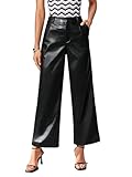 MakeMeChic Women's Faux Leather Casual High Waisted Straight Wide Leg Trousers Office Pants Black S