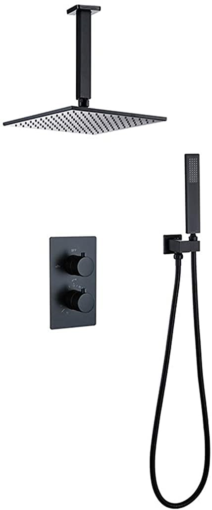 Doccia, soffitto a soffitto in Ottone termostatico in Ottone Nero con Pioggia con Doccia in Ottone da 8-12 "e Doccia Portatile, Set di Doccia di Lusso, 10 Pollici