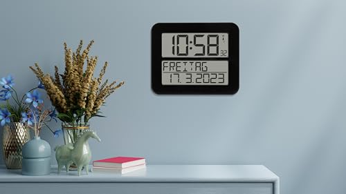 TFA Dostmann Digitale Funk-Wanduhr Timeline Max, 60.4512.01, übersichtliche Funkuhr, Demenzuhr, Küchenuhr, mit ausgeschriebenem Wochentag & Datum, mit Weckfunktion, 25,8 x 3 x 21,2 cm, schwarz
