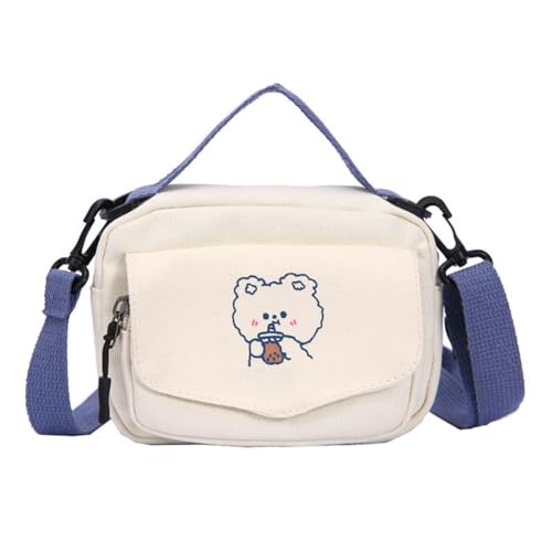 Cartoon Handbags Mini Cute Little Bear Canvas Shoulder Bags Square Shape Printing(White)