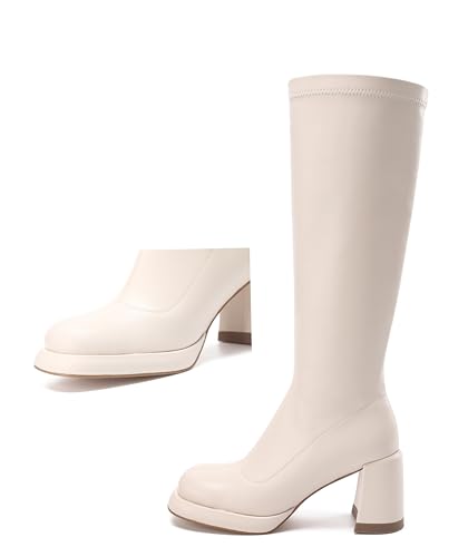 Women's Chunky Platfrom Block Heel Round Toe Shoes Side Zipper Soft Comfortable Stretched Black Matte PU Leather Sexy Knee High Boots2