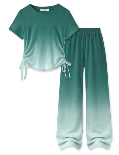 Image of Arshiner Girls 2 Piece Outfit Ruched Drawstring Tops and Wide Leg Pants Set