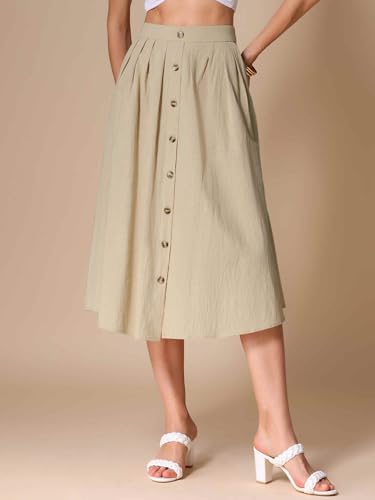 Allegra K Cotton Midi Skirt for Women's Summer Casual Button Decor Elastic Waist A-Line Skirts with Pocket4