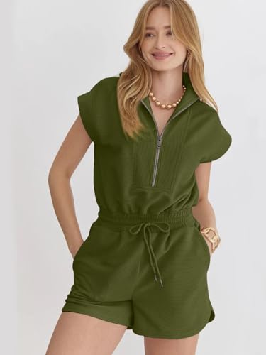 Image of Rompers for Women Summer Short Sleeve Half Zip Lapel Collar Jumpsuit Casual Drawstring One Piece Outfits with Pockets
