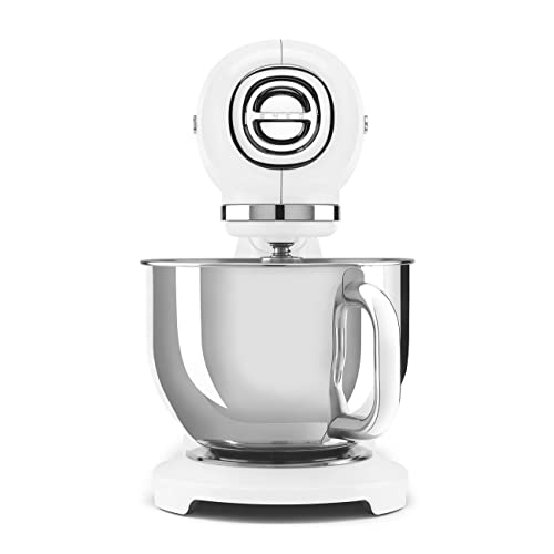 Smeg SMF03WHUK Full Colour Stand Mixer, Retro 50's Style with 4.8L Stainless Steel Bowl, Safety Lock, 10 Variable Speeds, 800W, White