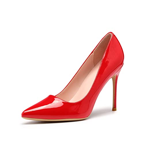 Zhabtuc Zapatos de Tacón Aguja de Charol para Mujer 10 CM Sexy High Heels con Punta Aguda Stilettos para Fiestas, Bodas，Rojo 37 EU