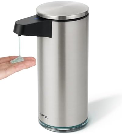AIKE Seifenspender Automatisch USB-C aufladbar, Gebürstetes Edelstahl | 380 ml Kapazität, berührungsloser Sensor, 5‑stufige Volumeneinstellung, breite Öffnung, 3+ Monate Standby‑Ze
