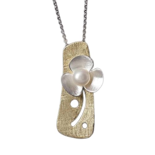 Pendentif fleur perle en argent S925 style antique pour femme avec chaîne en or