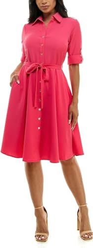 Image of Sharagano Women's Pleated Shirt Dress - 3 /4 Sleeve, V-Neck, Gold Buttons