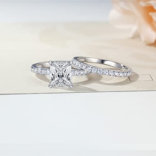 2 CT Radiant Cut Engagement Rings for Women Fake Wedding Ring Band Promise Rings for Her, Cubic Zicornia Ring 2 PCS, Size 4-112
