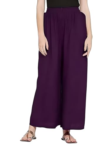 Image of FASHION GALLERY Women's Solid Rayon Palazzo Pants | Relaxed Fit Full Length Wide Leg Palazzo | Elastic Waist Comfortable Casual Lounge Office Ethnic Flared Trousers for Women