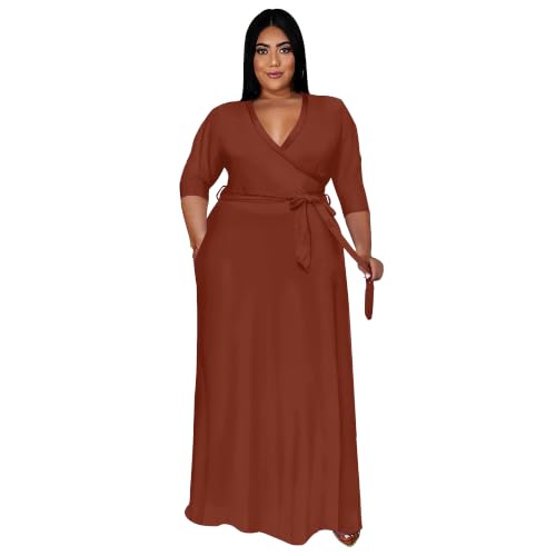 Image of Nmoder Plus Size Maxi Dress for Women - Summer Casual 3 /4 Sleeve Floral Flowy Long Dress with Belt XL- 6XL