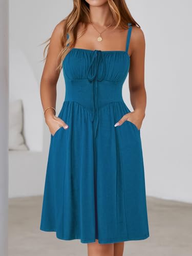 Image of YATHON Summer Mini Corset Sun Dress for Women Short Casual Square Neck Lace Up Floral Beach Vacation Dresses with Pockets