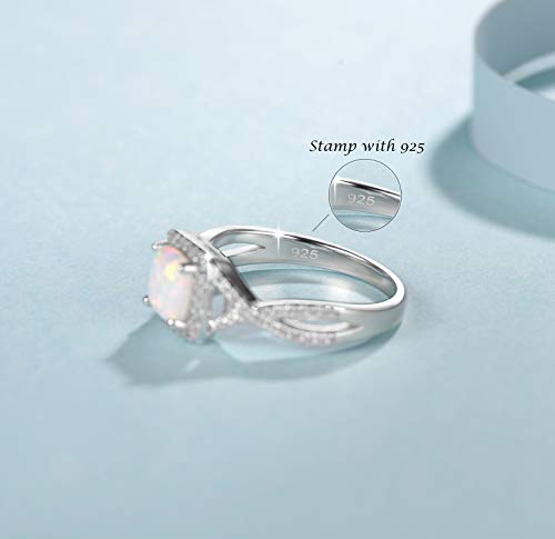 FANCIME October Birthstone Created Opal Rings Sterling Silver 4-Prong Halo White Fire Opal Cubic Zirconia Infinity Engagement Wedding Ring Fine Jewelry for Women Size 5,6,7,8,94
