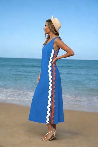 Image of utcoco Women's Summer Beach Boho Flowy Maxi Dress Casual Sleeveless V Neck Side Slit RIC Rac Tank Dress