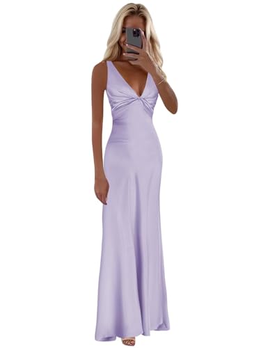 Vvecz Silk Satin Prom Dresses for Women Long Lilac Mermaid Halter Bridesmaid Dress Size 4