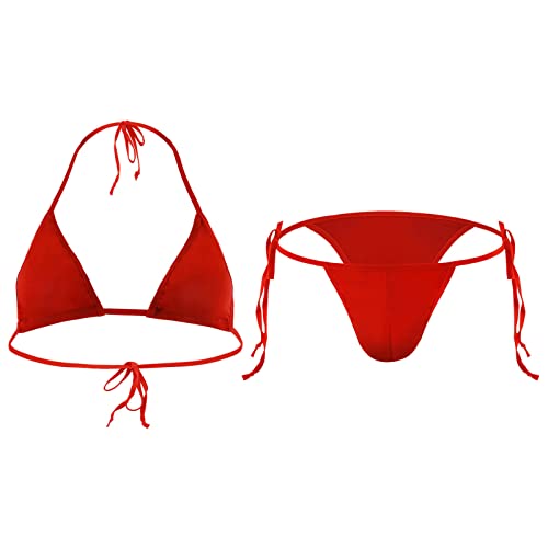 Generisch Traje de hombre Bikini de color liso con hendidura estilo cordones Color sólido sujetador bragas combinación, rojo, talla única