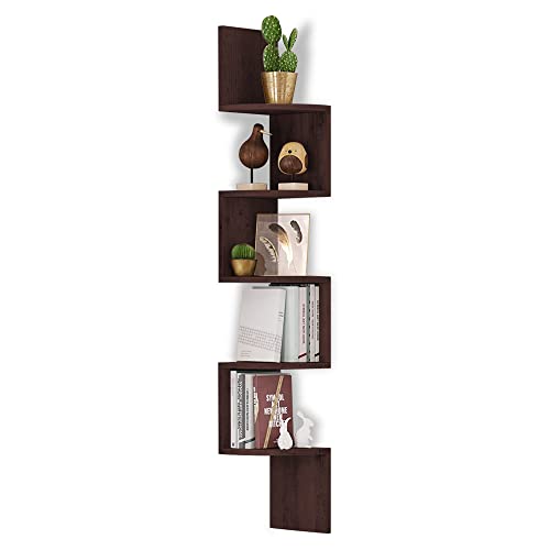 Halter Espresso Corner Shelf Wall Mount, 5-Tier Zig Zag Shelf Organizer, Rustic Wood Zigzag Funky Shelving Unit, Home Floating Shelves for Bedroom, Living Room, Bathroom, Decorative Display Storage