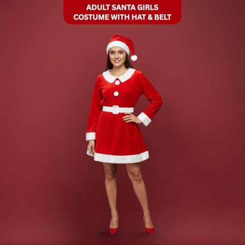 Image of Wanna Party Mrs Claus Costumes Women Santa Claus Suit Cosplay Costume Outfit Dress One Size with Hat and Boot Covers, Red